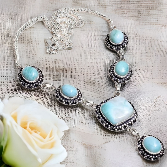 Game of stones Jewelry - Larimar Gemstone Handmade Necklace stamped .925 18-20"